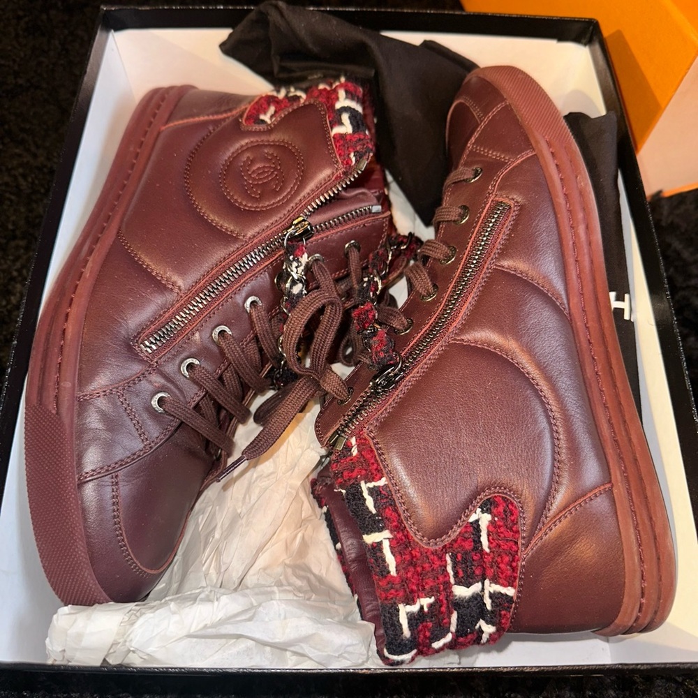 Burgundy Chanel Tweed High-Top Women’s Sneakers